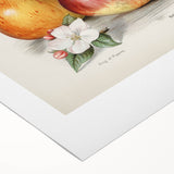 Art deco poster featuring assorted fruits in bold, colorful tones on a rolled canvas, ideal for dining room decor.