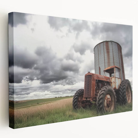 Stretched canvas artwork depicting a rustic barn landscape in warm hues, showcasing detailed textures and natural scenery, ideal for farmhouse decor.