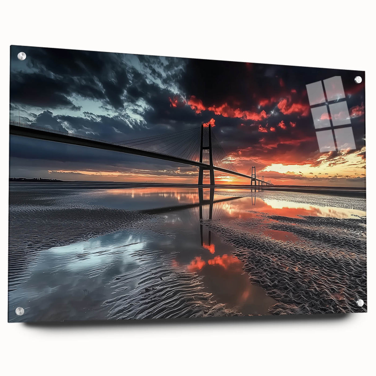 Acrylic glass landscape bridge design showcasing a modern architectural style, viewed from the side with visible mounting pins, ideal for contemporary decor.