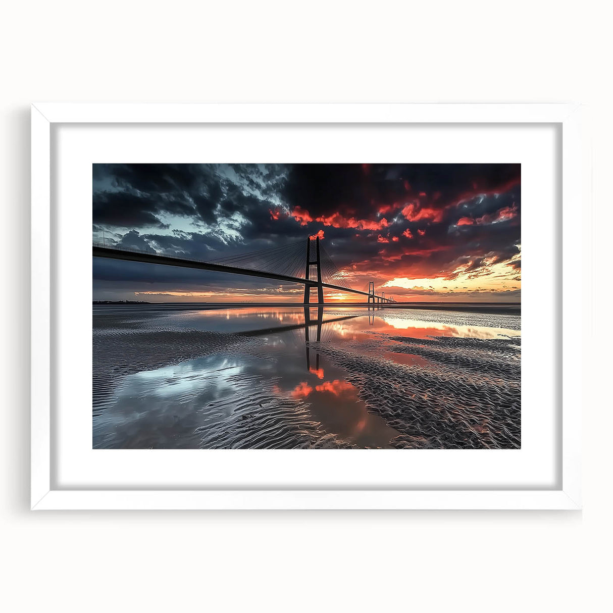 Landscape bridge frame with a white mat, showcasing a stunning view of a serene landscape. Ideal for home decor, this elegant frame enhances any artwork or photograph.