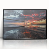 Framed acrylic artwork showcasing a landscape bridge in a black frame, highlighting intricate details and vibrant colors, perfect for home decor or art collectors.