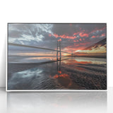 Framed acrylic artwork showcasing a modern landscape bridge design, featuring a white frame that enhances its contemporary aesthetic, perfect for home decor.