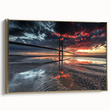 Framed canvas artwork depicting a stunning landscape bridge scene, featuring bold gold accents and a side view perspective, ideal for modern home decor.