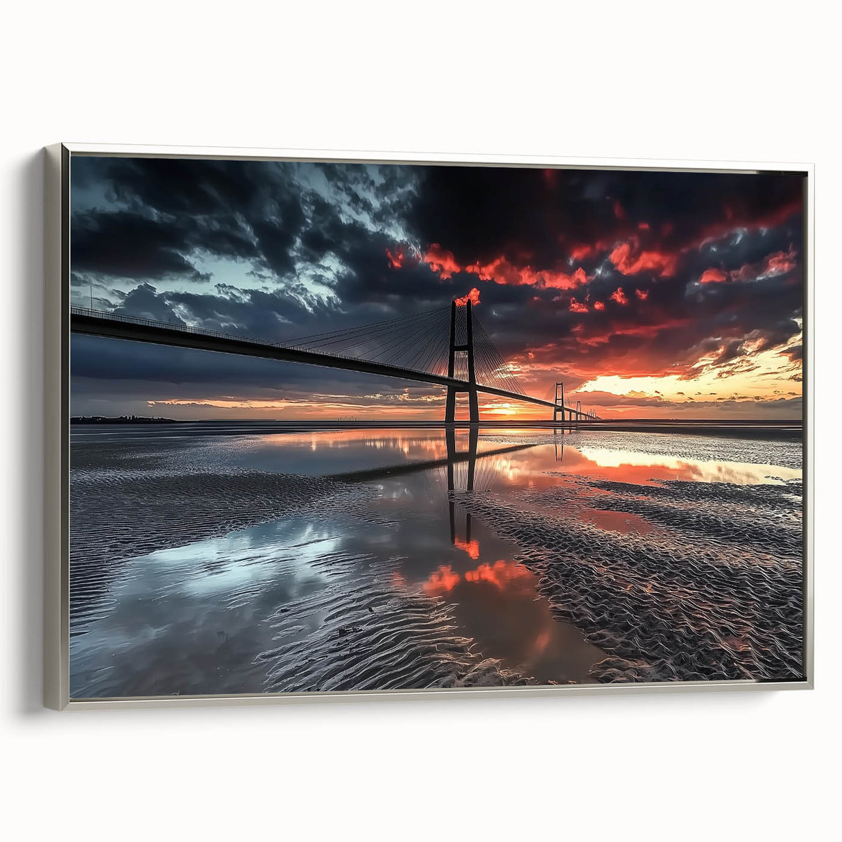 Framed canvas art showcasing a stunning landscape bridge scene in silver tones, highlighting intricate details and textures, perfect for modern home decor.