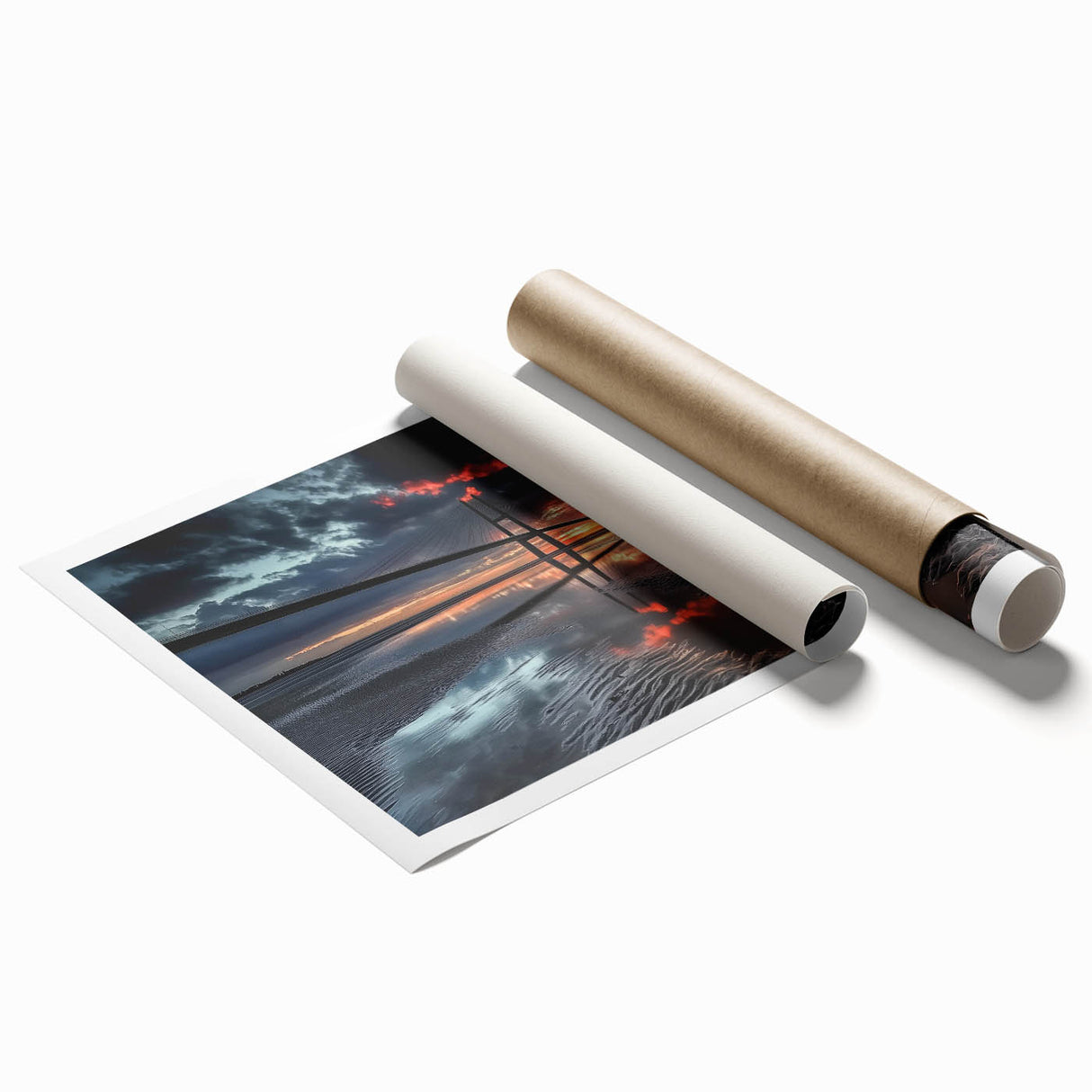 Rolled print of a contemporary landscape bridge design featuring vibrant colors and intricate details, presented in a protective cardboard tube for easy storage.