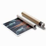 Rolled print of a contemporary landscape bridge design featuring vibrant colors and intricate details, presented in a protective cardboard tube for easy storage.
