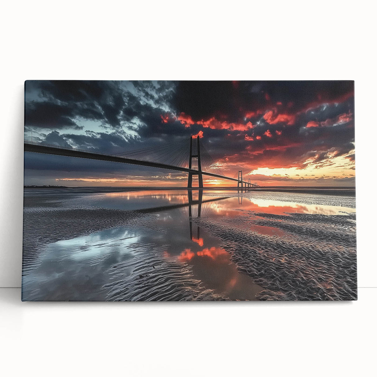 Stretched canvas artwork depicting a serene landscape bridge scene, featuring lush greenery and a tranquil waterway, perfect for enhancing home decor.