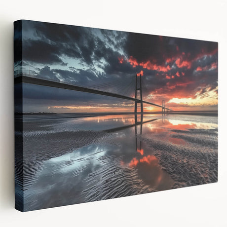 Stretched canvas artwork depicting a serene landscape featuring a picturesque bridge, vibrant greenery, and a clear blue sky, ideal for home decor.
