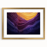 Gold-framed landscape artwork depicting serene canyons, featuring a mat border, perfect for enhancing home decor with a touch of elegance and nature-inspired beauty.