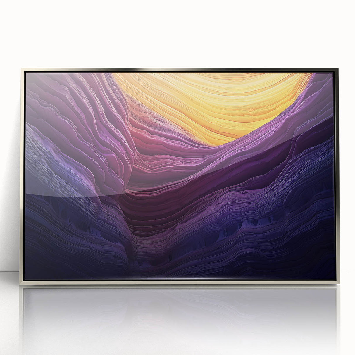 Framed acrylic artwork showcasing a stunning landscape of canyons in vibrant colors, designed to enhance any modern home decor with its sleek silver frame.