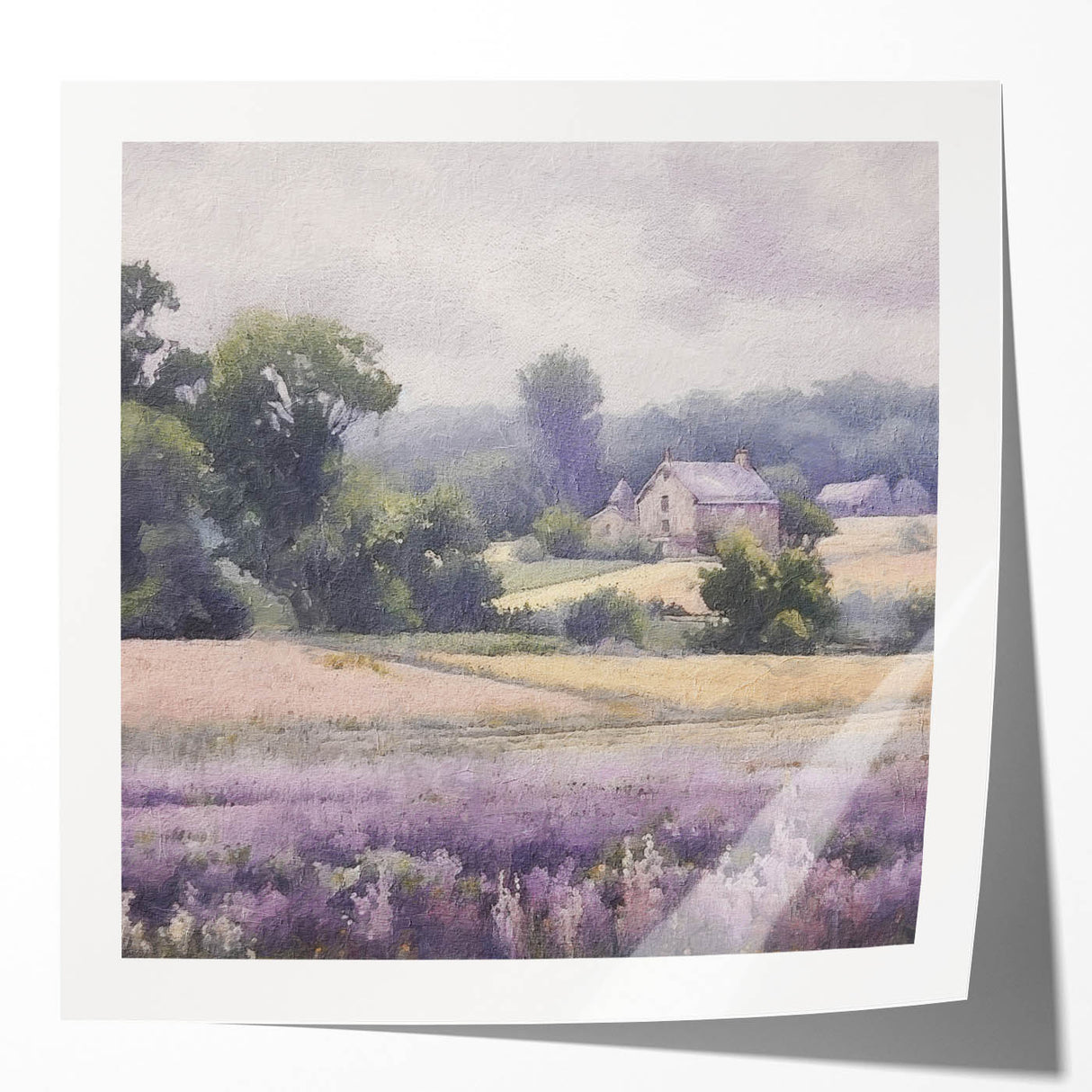 Landscape wall art print showcasing a serene countryside scene with rolling hills and vibrant green fields, framed in a modern glossy finish. Ideal for home decor.
