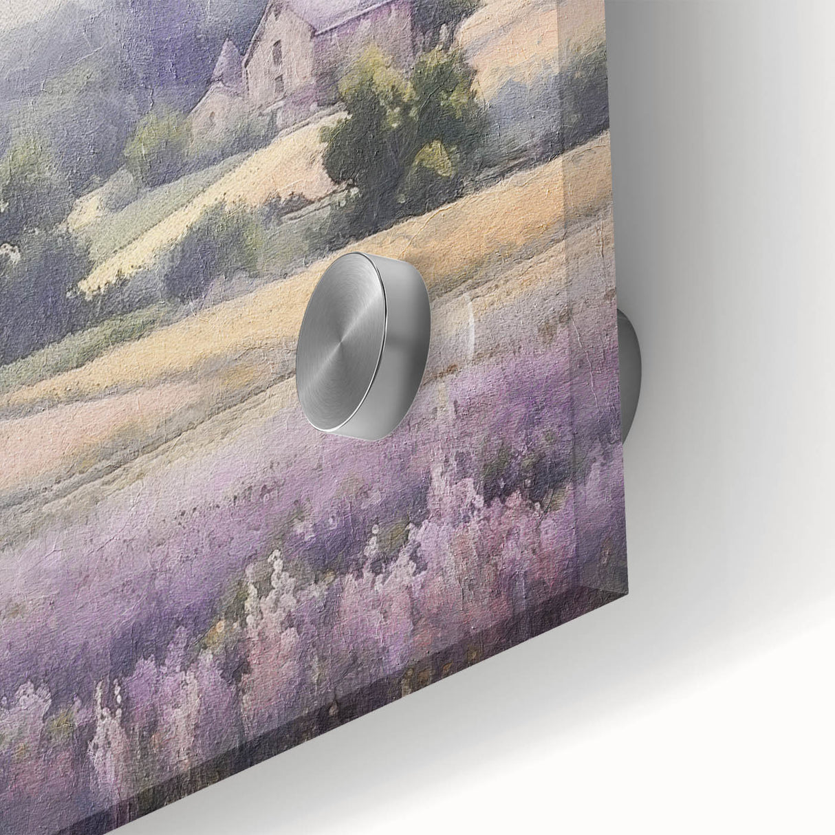 Close-up of a vibrant landscape wall art piece showcasing rolling green hills and a clear blue sky, designed with acrylic glass for a modern touch, ideal for home decor.