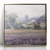 Framed acrylic wall art depicting a serene countryside landscape with golden accents, ideal for adding elegance to home decor. Suitable for various interiors.