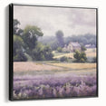 Framed canvas wall art depicting a serene countryside landscape with lush green fields and a dramatic sky, showcasing a black frame and side view perspective. Ideal for enhancing home decor with a touch of nature-inspired elegance.