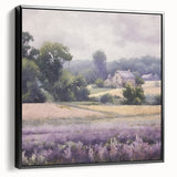 Framed canvas wall art depicting a serene countryside landscape with lush green fields and a dramatic sky, showcasing a black frame and side view perspective. Ideal for enhancing home decor with a touch of nature-inspired elegance.
