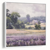 Framed landscape wall art depicting a serene countryside scene, featuring lush green fields and a bright blue sky, elegantly presented with a white frame, ideal for home décor.