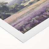 Landscape wall art on rolled canvas showcasing a serene countryside scene with vibrant green fields, rolling hills, and a clear blue sky, ideal for home decor.