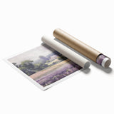 Landscape wall art print showcasing a serene countryside scene with vibrant green fields and a bright blue sky, rolled and ready for display in a stylish home decor setting.