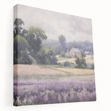 Stretched canvas artwork depicting a vibrant countryside landscape with rolling hills and lush greenery, perfect for home decor and enhancing interior spaces.
