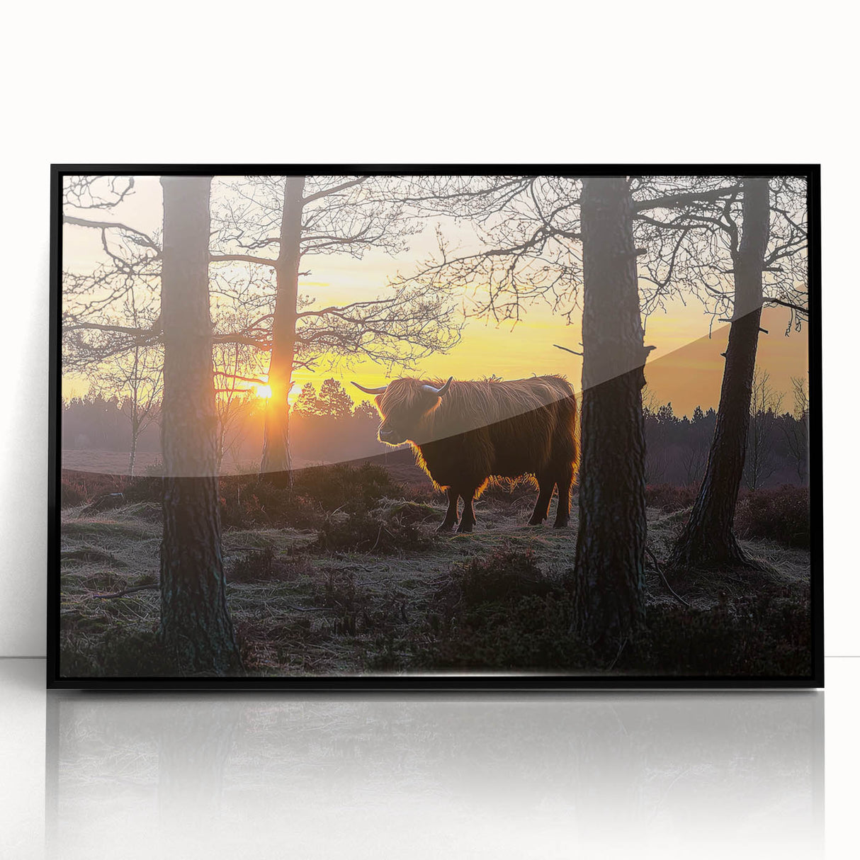 Framed acrylic landscape artwork showcasing a serene countryside scene, featuring vibrant greens and blues, set in a sleek black frame for a modern touch. Perfect for home decor enthusiasts seeking nature-inspired wall art.