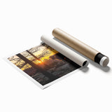 Beautifully rolled landscape print showcasing a serene countryside scene with rolling hills and a vibrant sky, elegantly packaged in a protective cardboard tube.