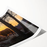 Rolled print showcasing a stunning countryside landscape, featuring vibrant green fields and a clear blue sky, elegantly packaged in a protective cardboard tube.