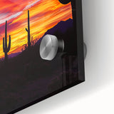 Close-up of a vibrant desert landscape artwork on acrylic glass, showcasing rich colors and intricate details, perfect for modern home decor.
