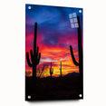 Acrylic glass artwork depicting a vibrant desert landscape in side view, featuring rich colors and detailed textures, mounted on pins for wall display.