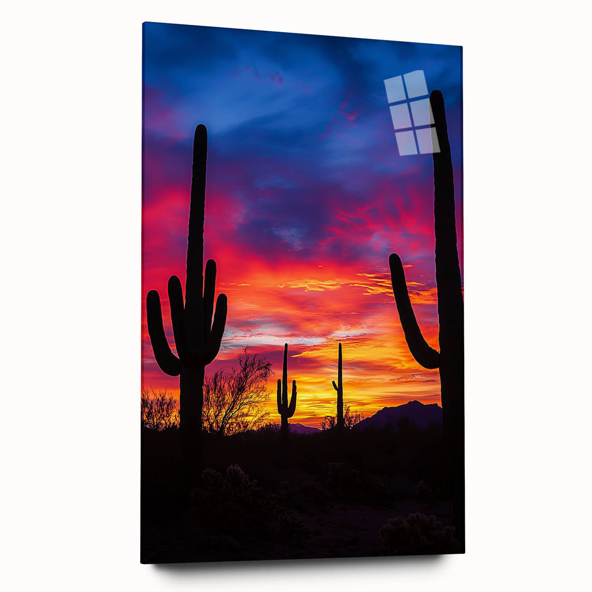 Desert landscape acrylic glass wall art showcasing vibrant orange and yellow hues, elegantly displayed in a side view without pins, perfect for modern decor.