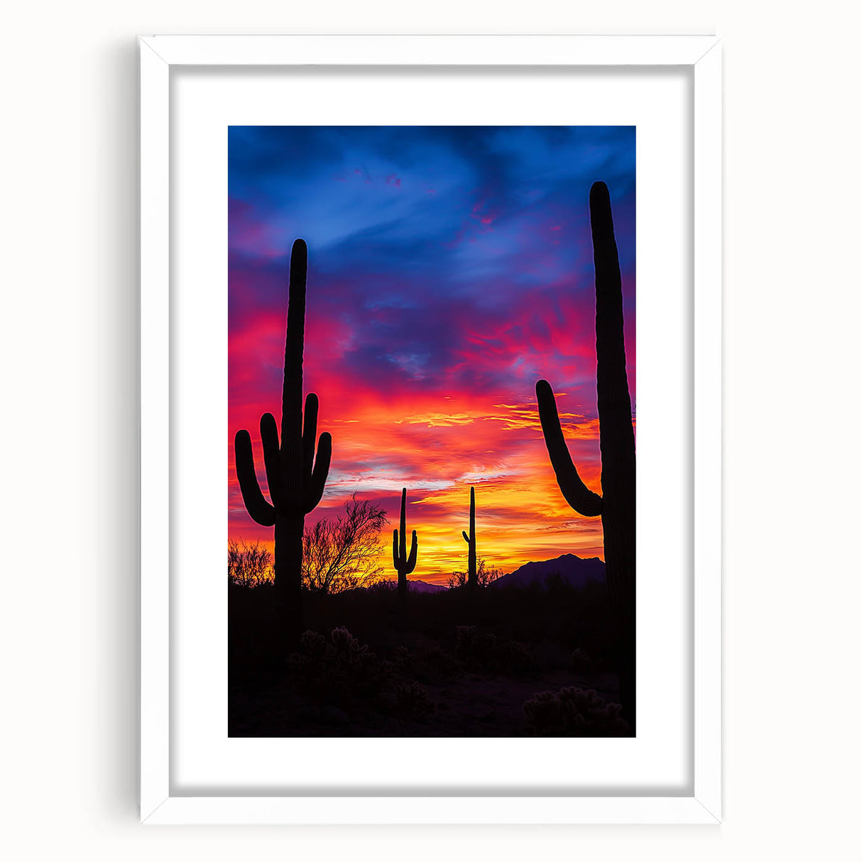 Desert landscape framed art print showcasing vibrant orange and yellow hues, set in a sleek white mat and frame, ideal for home decor enthusiasts.