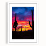 Desert landscape framed art print showcasing vibrant orange and yellow hues, set in a sleek white mat and frame, ideal for home decor enthusiasts.