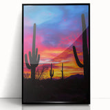 Framed acrylic artwork showcasing a vibrant desert landscape with warm tones of orange and gold, designed to enhance modern interiors and evoke tranquility.