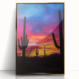 Framed acrylic artwork depicting a vibrant desert landscape with golden hues, showcasing intricate details and textures, ideal for modern home decor.