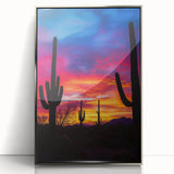 Framed acrylic artwork showcasing a vibrant desert landscape with golden sand dunes and a clear blue sky, perfect for home decor and enhancing interior spaces.