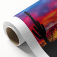 Vibrant rolled canvas showcasing a serene desert landscape with warm tones, perfect for home decor, elegantly packaged in a protective tube for delivery.
