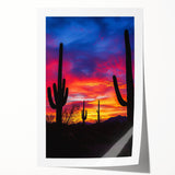 Desert landscape rolled print showcasing vibrant hues of orange and gold, featuring undulating dunes and a serene sky, perfect for home decor enhancement.