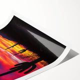 Desert landscape print on rolled canvas showcasing warm tones of orange and beige, ideal for home decor, packaged securely in a protective tube.