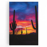 Desert landscape stretched canvas artwork showcasing vibrant hues of orange and yellow depicting a serene sunset over sand dunes, perfect for home decor.