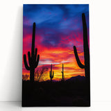 Desert landscape canvas art showcasing vibrant orange and yellow hues, depicting a serene sunset over sand dunes, perfect for modern home decor.