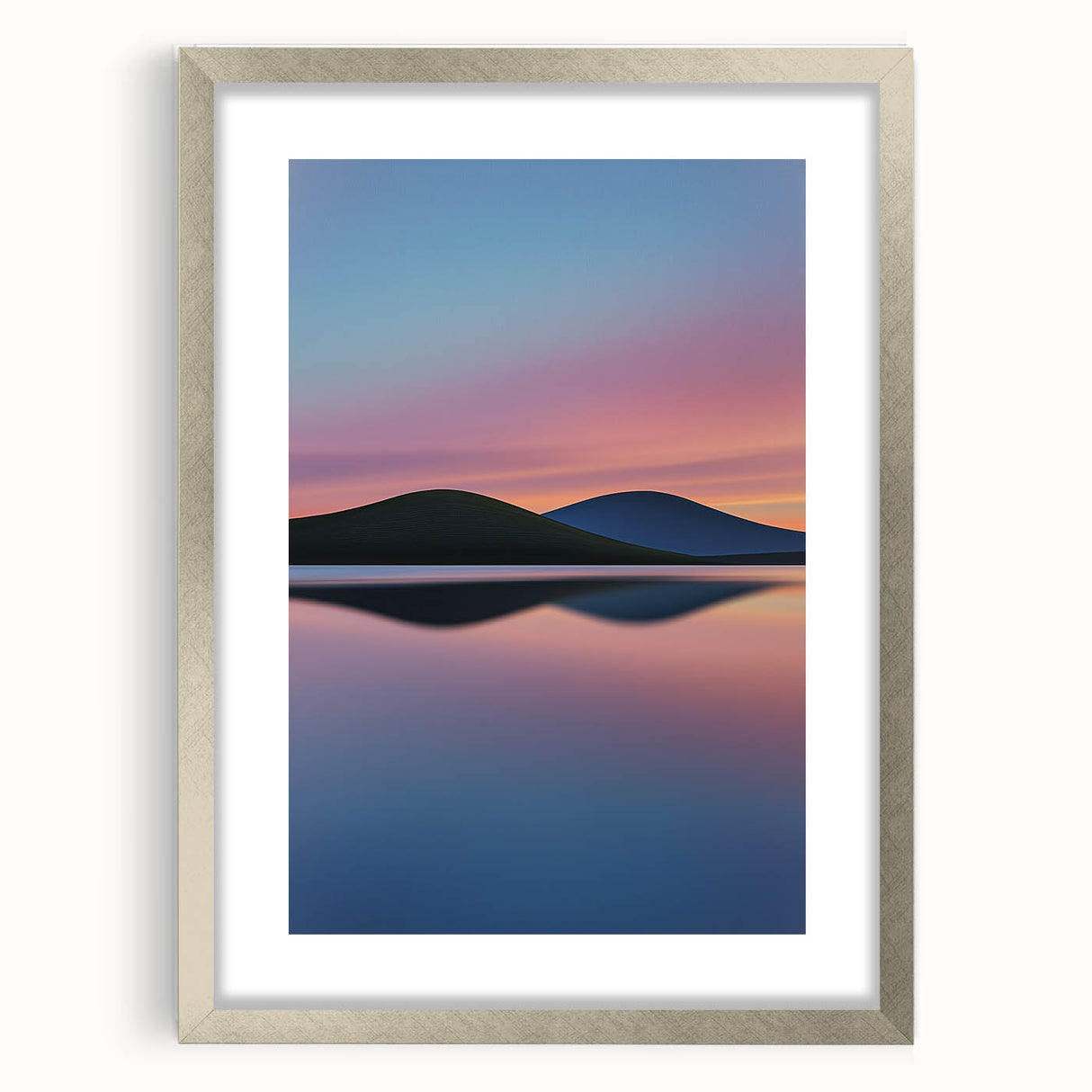 Framed landscape artwork showcasing vibrant green fields and a serene sky, elegantly bordered with a silver mat, perfect for home decor enhancement.