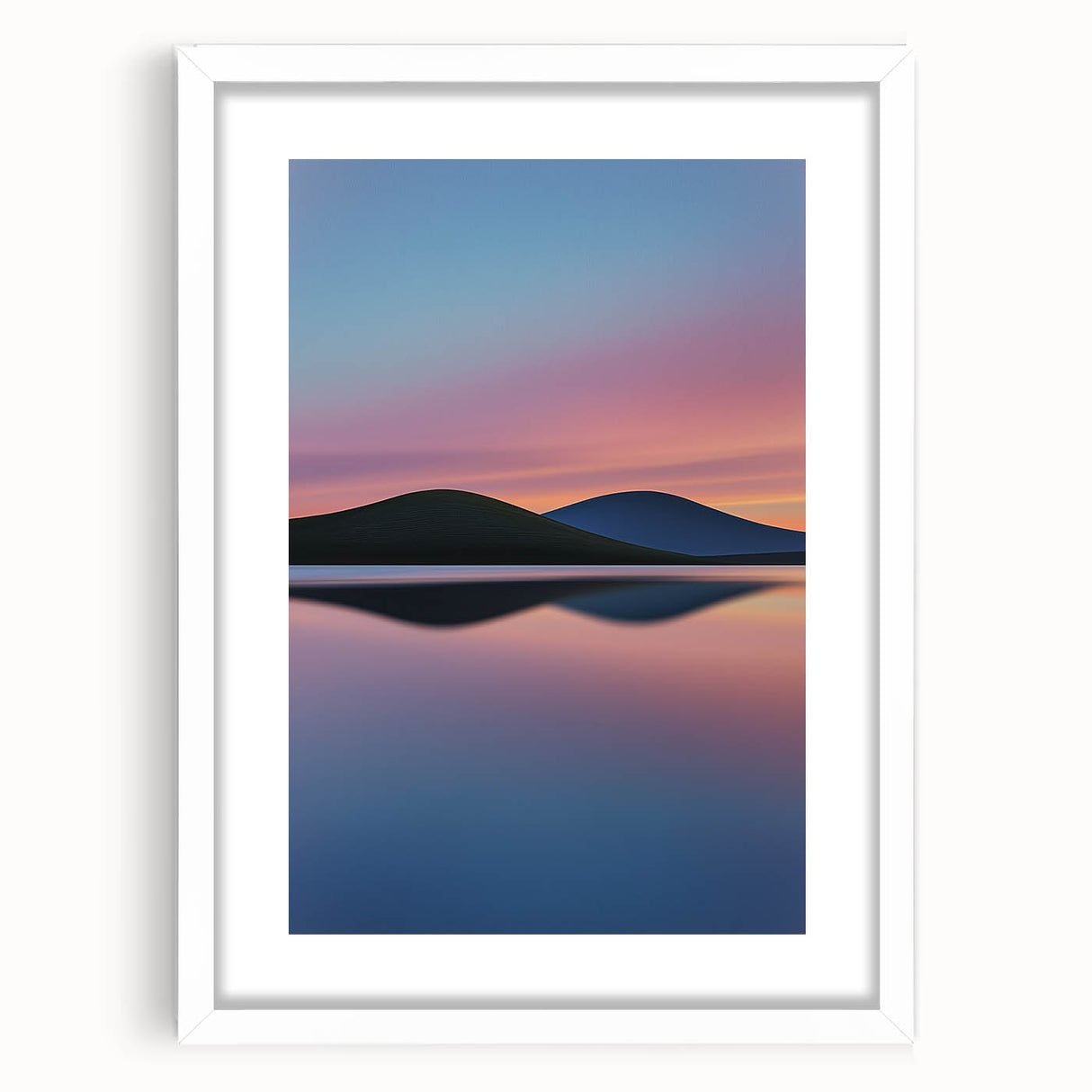 Framed landscape artwork showcasing vibrant green fields and blue skies, elegantly matted with a white frame, ideal for home decor and modern aesthetic.
