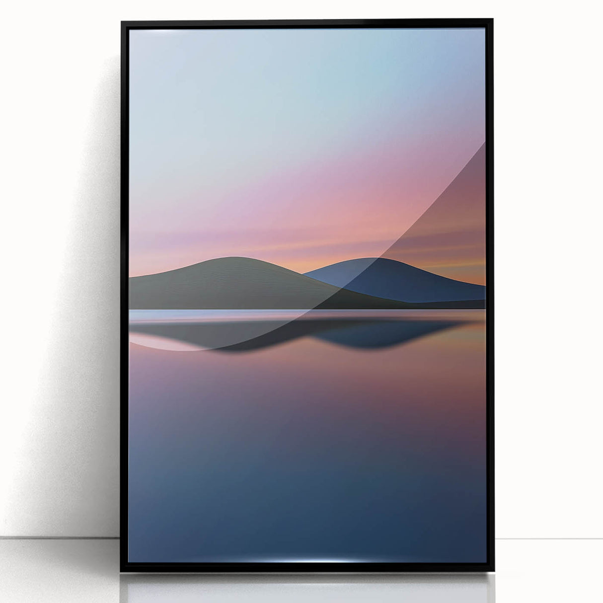 Framed acrylic landscape artwork depicting vibrant green fields under a clear blue sky, showcased in a sleek black frame, ideal for home decor or office enhancement.