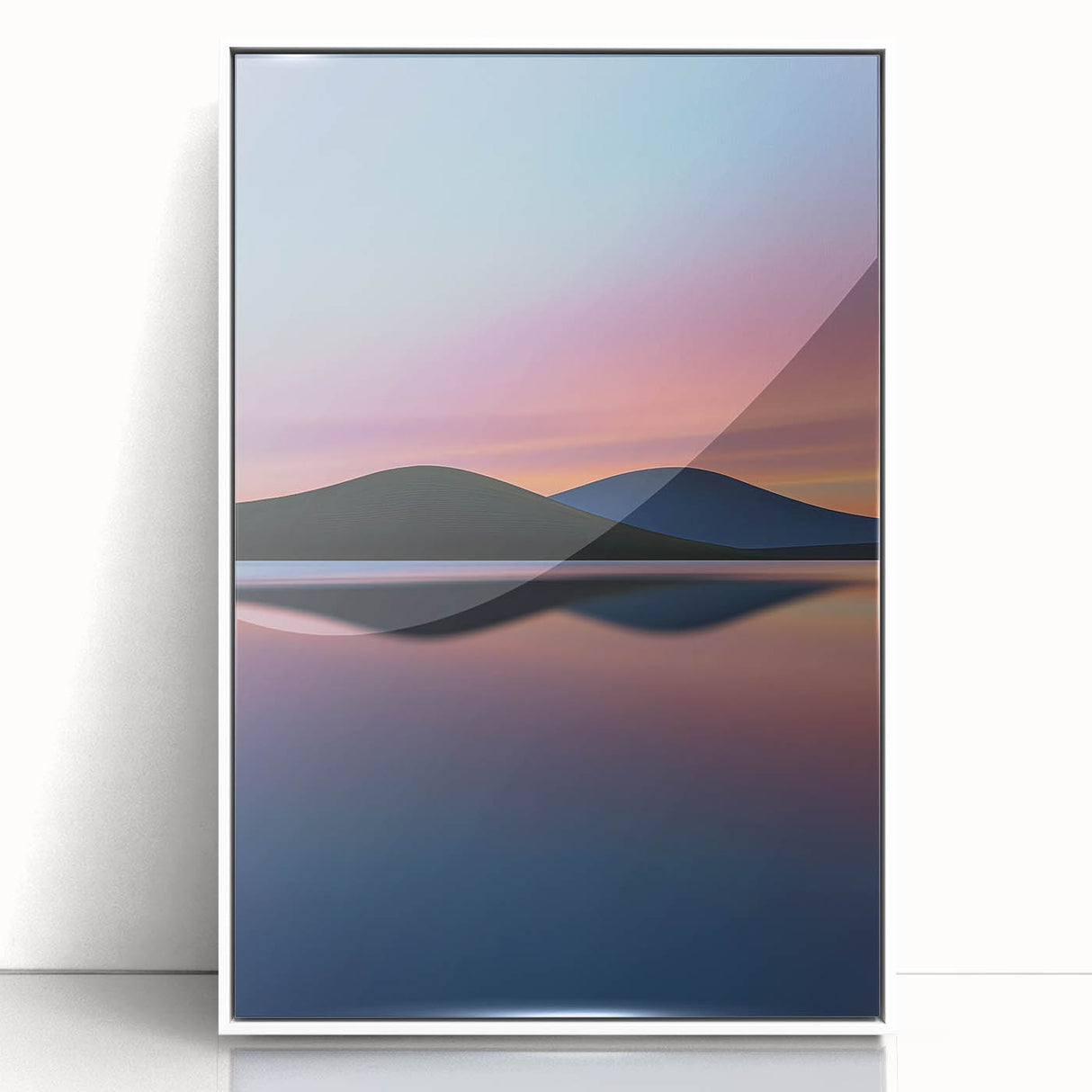 Framed acrylic artwork showcasing a vibrant landscape with lush green fields and a clear blue sky, designed to enhance home decor and bring nature indoors.