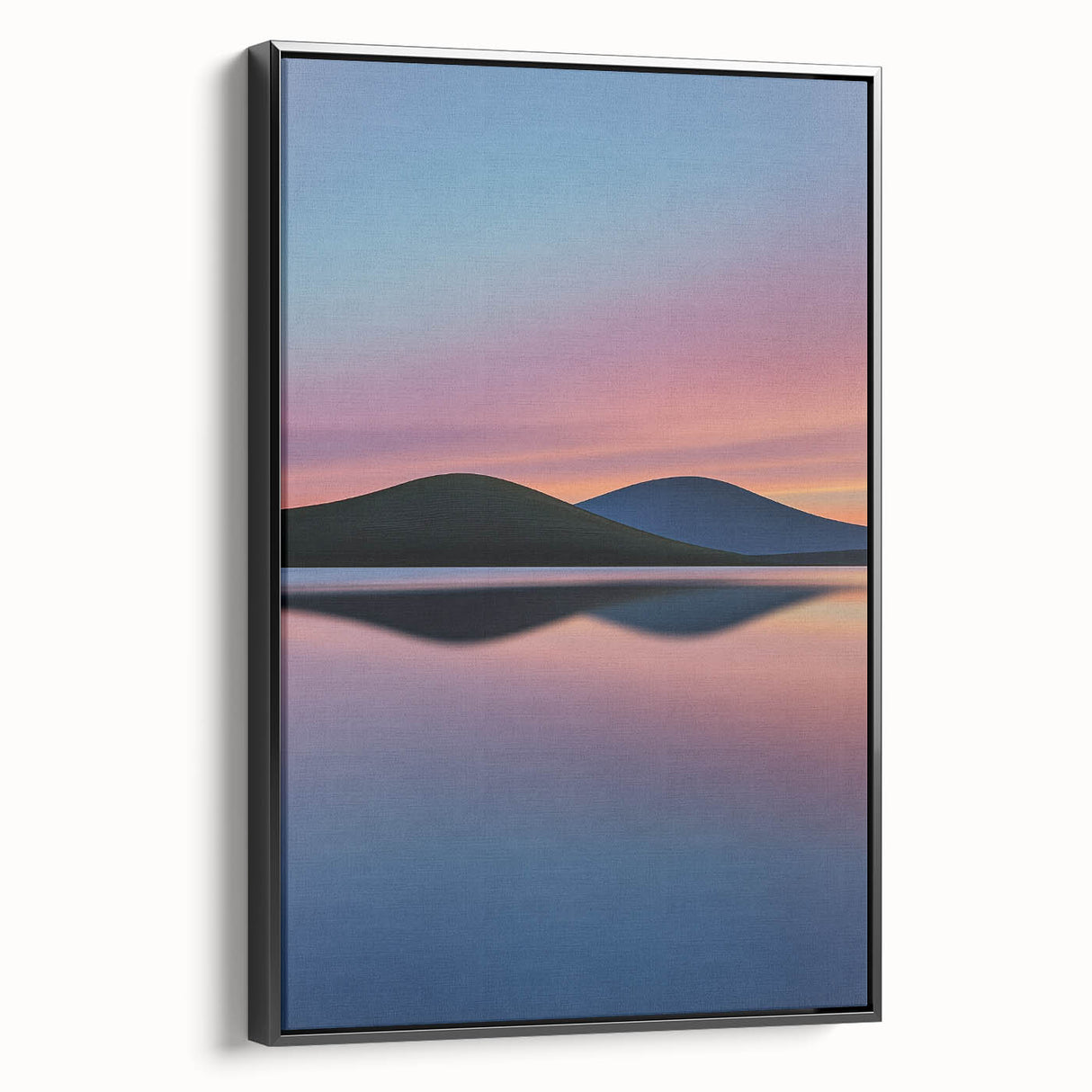 Framed canvas artwork showcasing a vibrant landscape with rolling fields and a black frame, ideal for home or office decor, enhancing any space with nature's beauty.