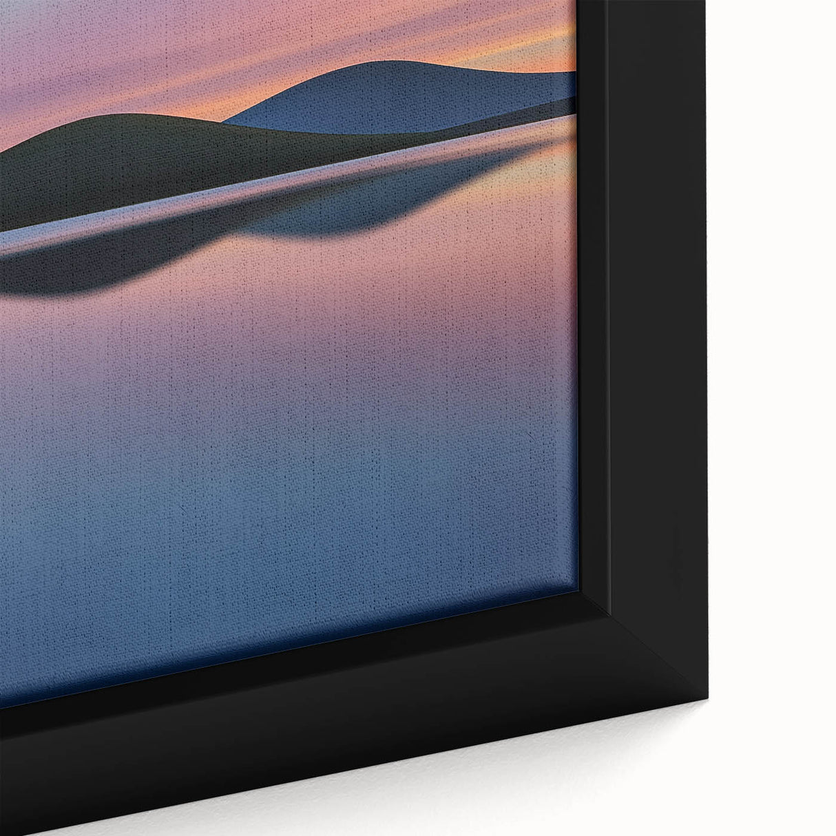 Close-up of a beautifully framed canvas print showcasing a vibrant landscape filled with lush green fields, perfect for home decor and art enthusiasts. The piece features rich colors and intricate details, adding a serene touch to any space.
