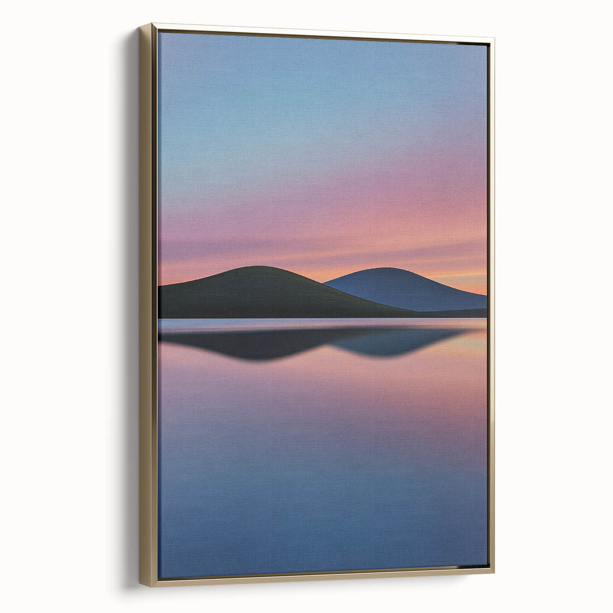 Framed canvas artwork depicting serene landscape fields with vibrant green grass and golden accents, showcasing a side view that highlights its elegant design and structure. Ideal for home decor and wall enhancements, this piece adds a touch of nature-inspired elegance to any space.