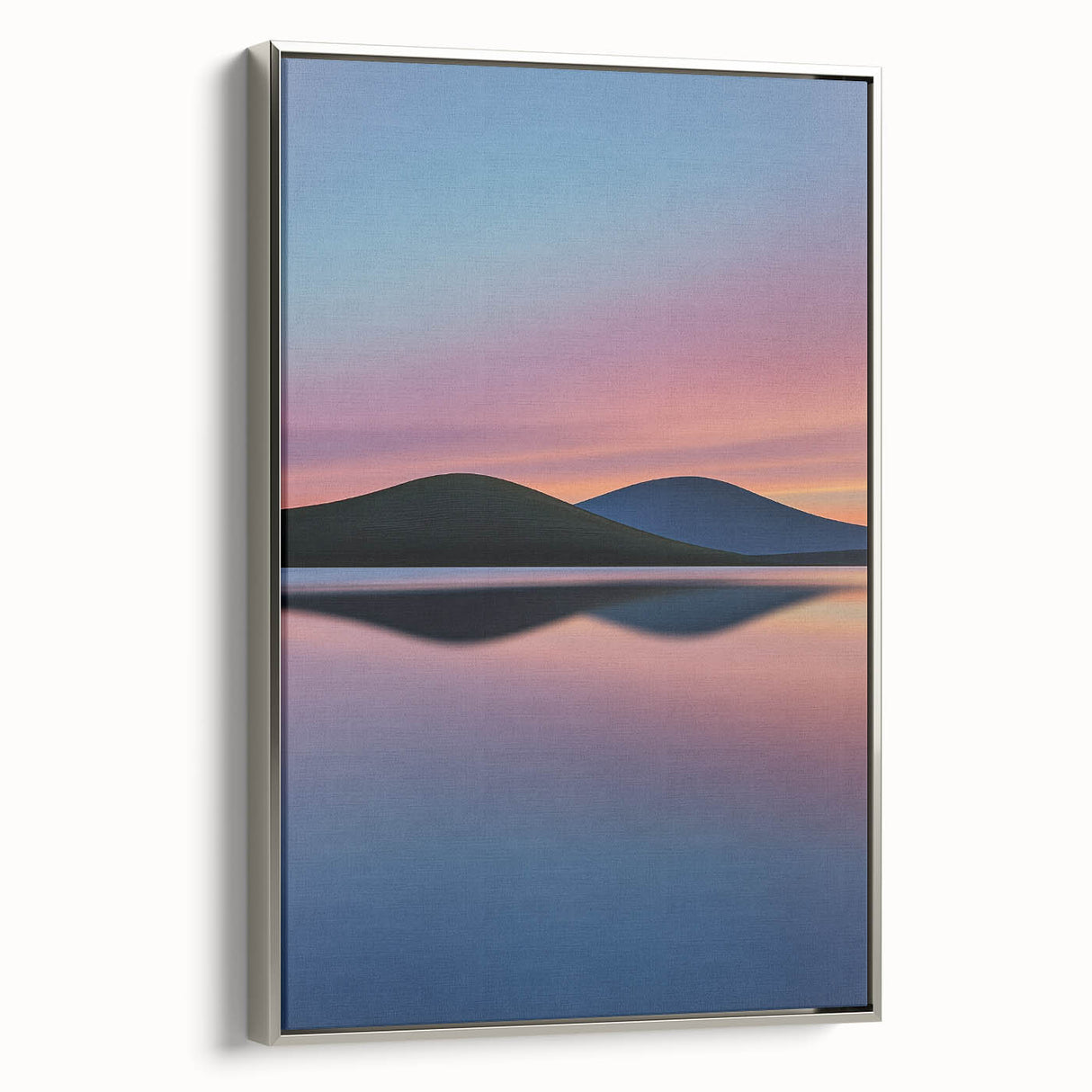 Framed canvas art depicting serene landscapes with lush green fields and a silver frame, showcasing a modern aesthetic ideal for home decor and interior design.