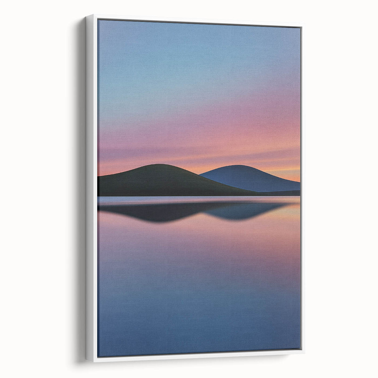 Framed canvas artwork depicting a serene landscape with lush green fields, showcased from a side view against a white background, perfect for home decor.