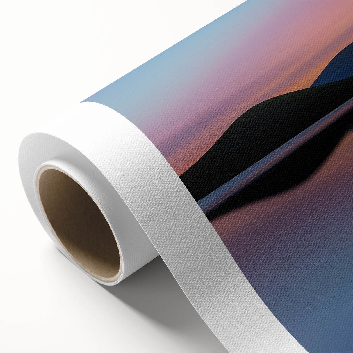 Vibrant rolled canvas showcasing a serene landscape design with lush green fields and a bright blue sky, elegantly packaged in a protective cardboard tube for safe shipping.