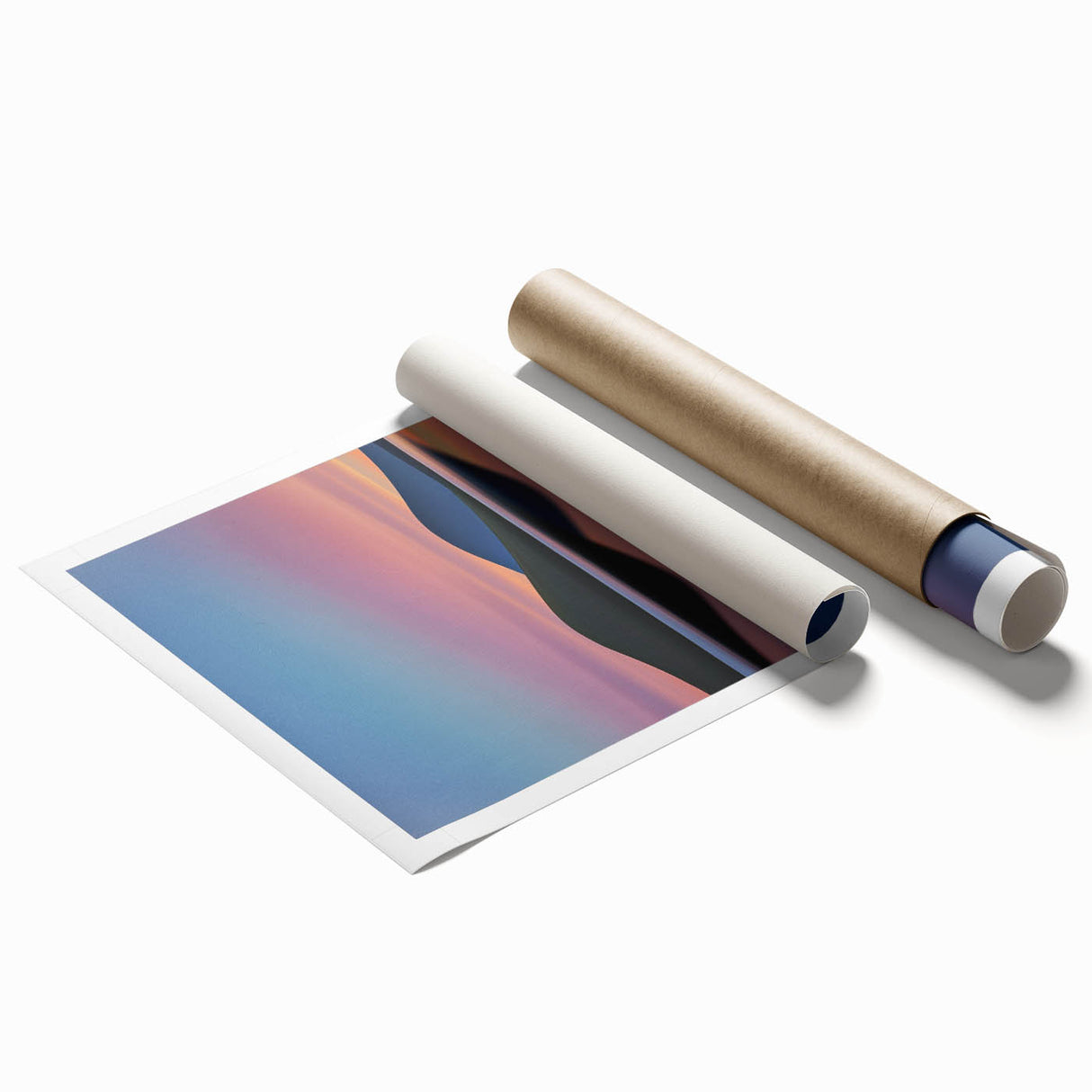 Vibrant landscape print showcasing rolling green fields under a bright blue sky, expertly rolled and ready for display. Perfect for home decor enthusiasts.